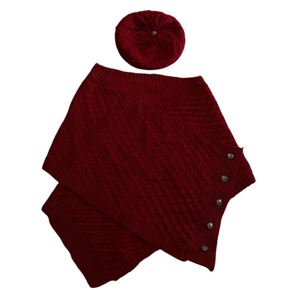 No Boundaries Women's Beret Scarf Set One Size Maroon Button Shawl Knit Hat